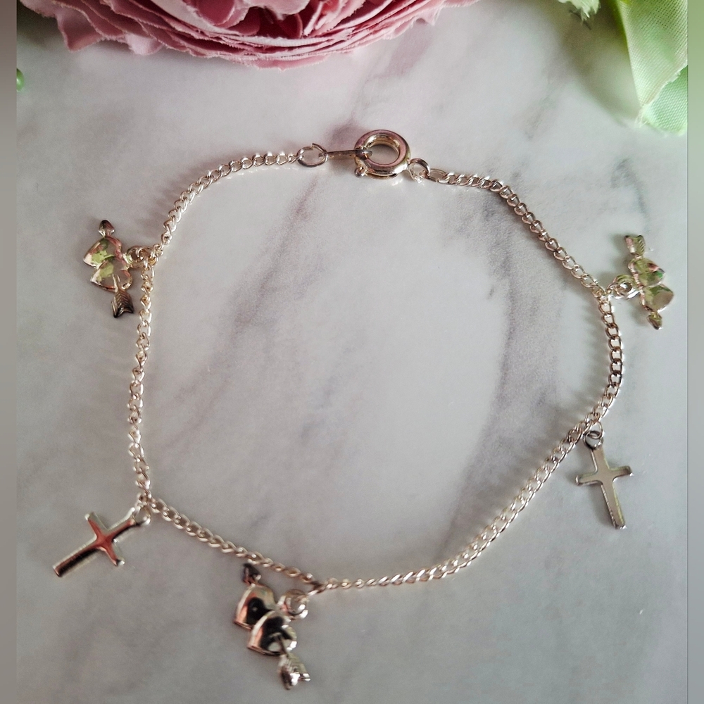 Vintage 80s ✨️🩶✝️Silver Hearts & Crosses Youth Bracelet